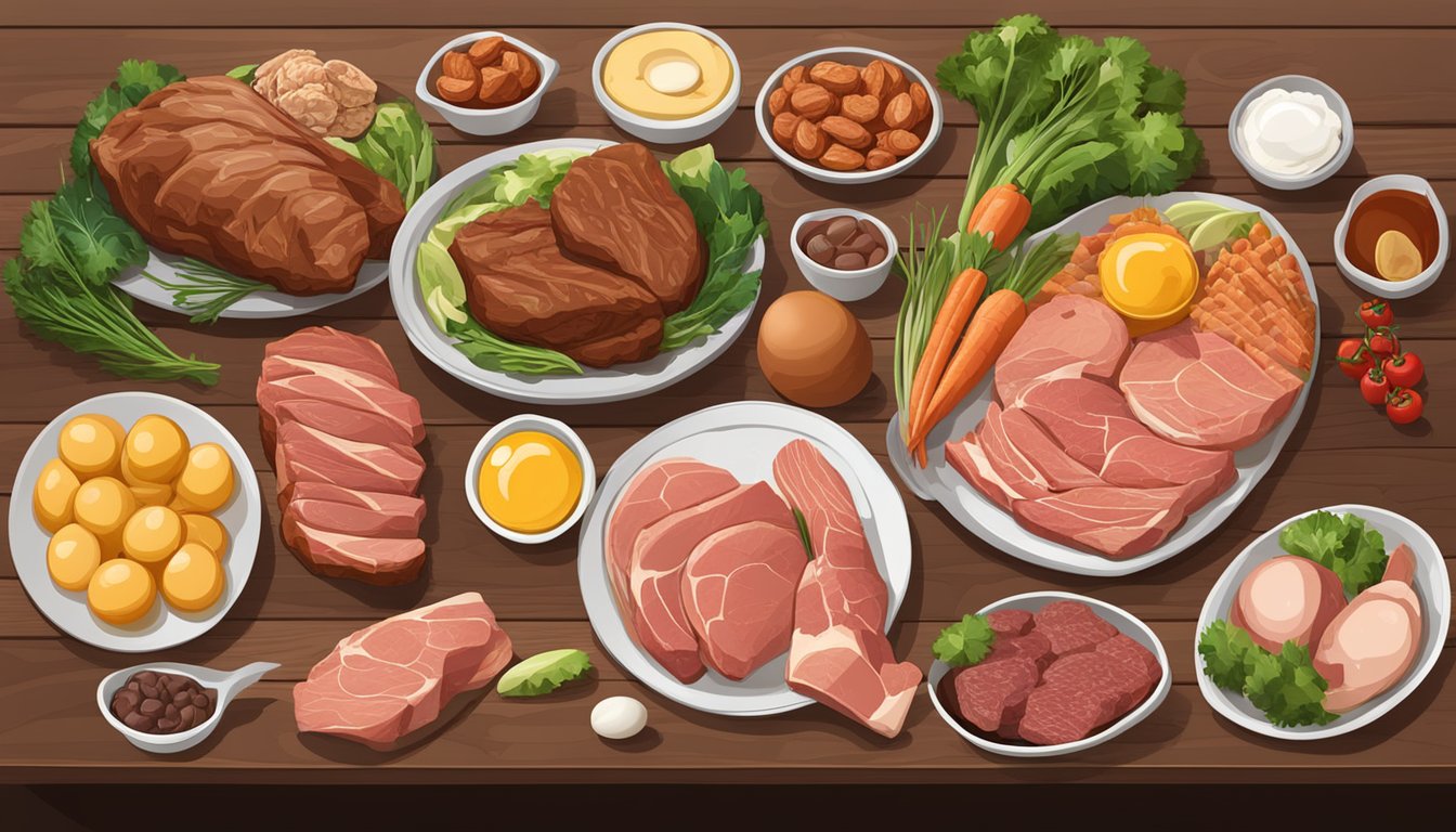 A variety of carnivore diet friendly foods arranged on a wooden table, including beef, chicken, fish, eggs, and organ meats