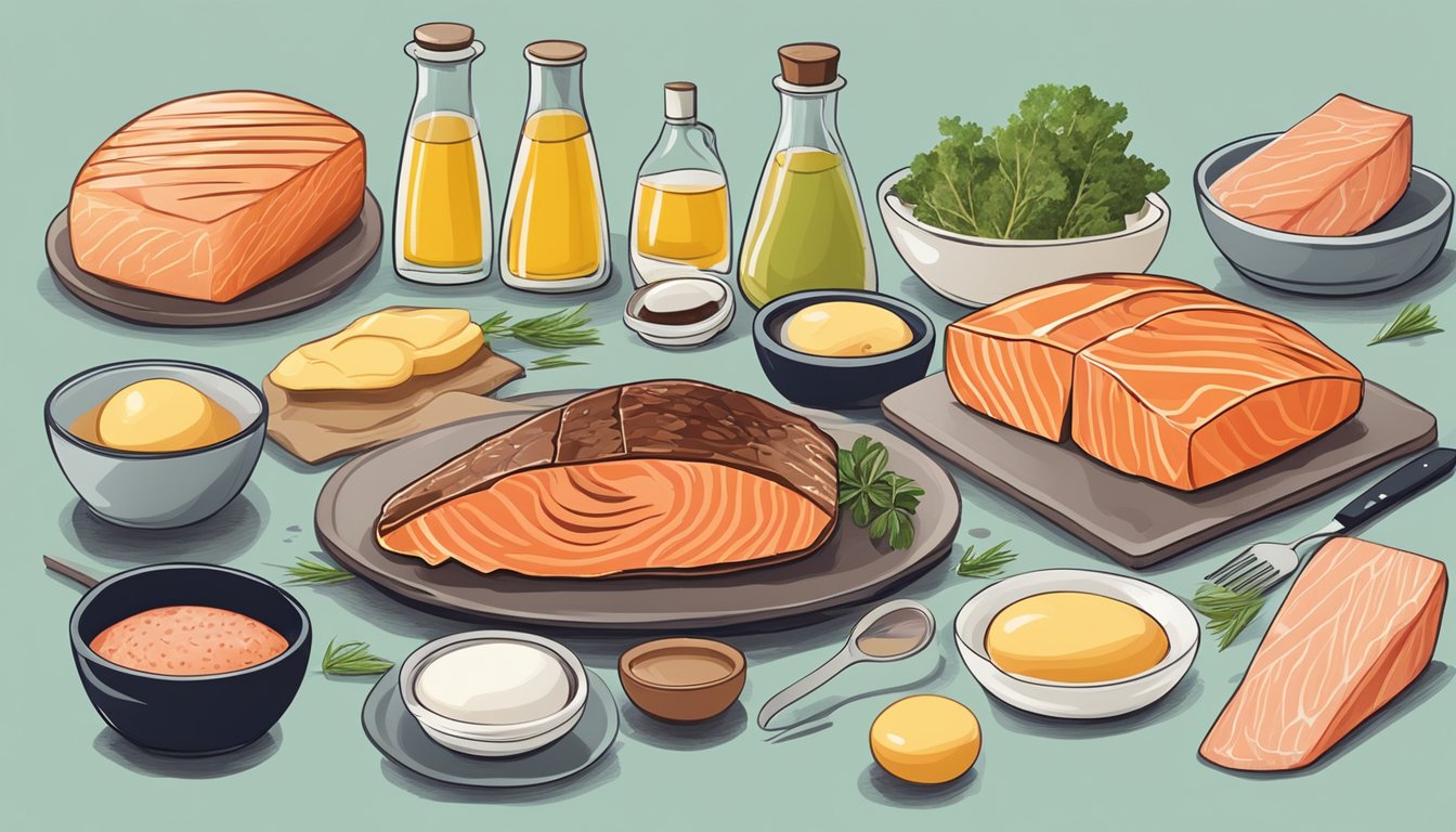 A table with 10 carnivore diet friendly foods: beef, eggs, salmon, liver, and more. A bottle of animal fat sits next to a comb and healthy, shiny strands of hair