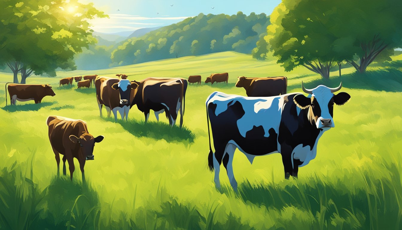 A lush green pasture with a grazing herd of grass-fed beef cattle. The sun is shining, and the animals are peacefully munching on the nutrient-rich grass