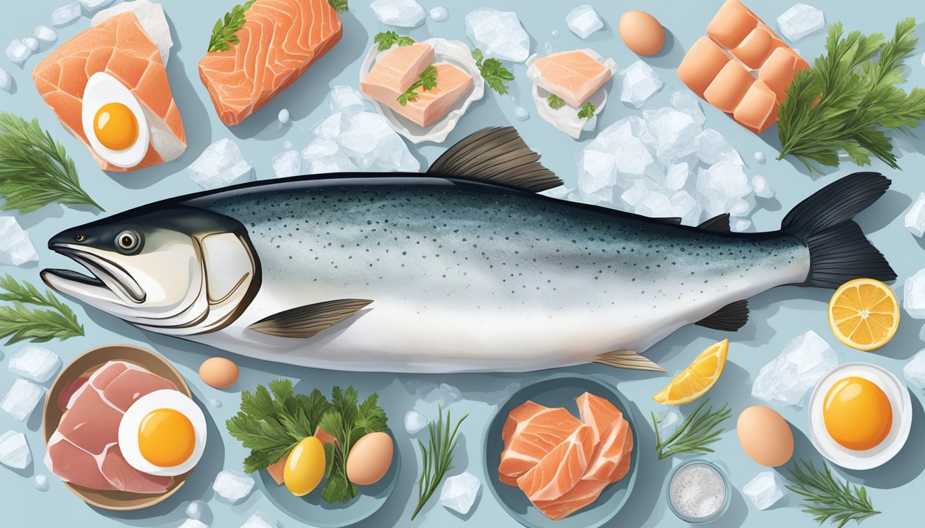 A wild-caught salmon lies on a bed of ice, surrounded by other carnivore diet-friendly foods such as eggs, beef, and chicken