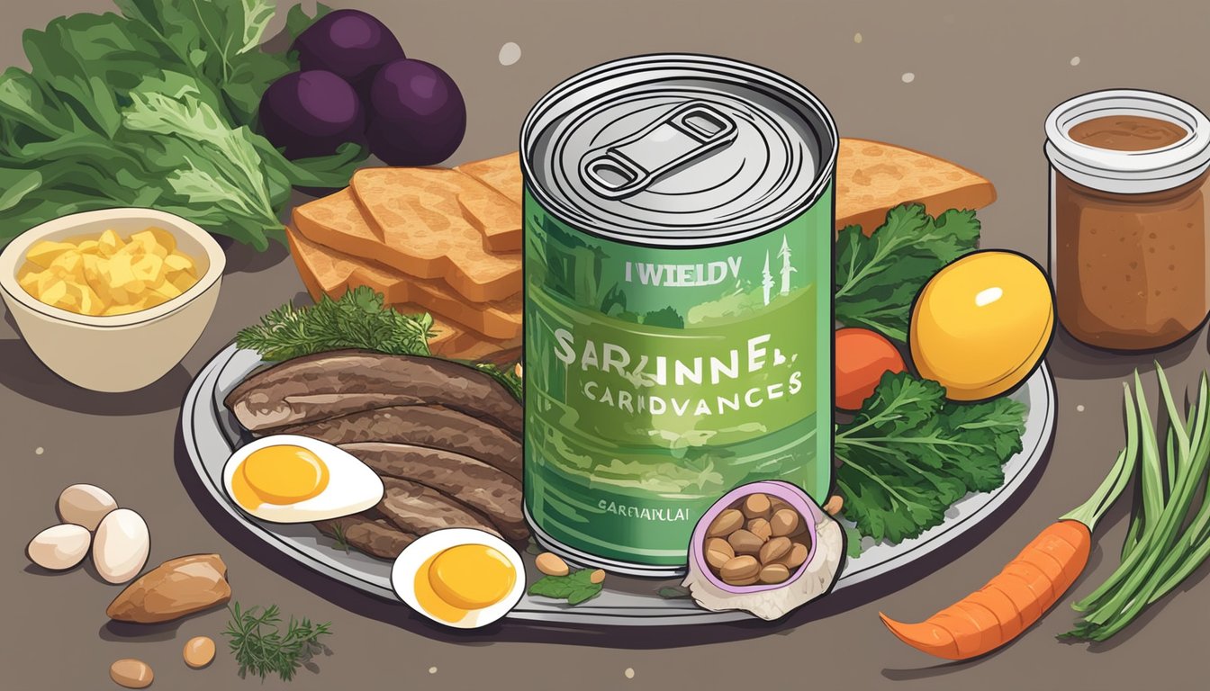 A can of sardines surrounded by budget-friendly carnivore diet foods like eggs, beef, and chicken, with fresh vegetables and herbs in the background