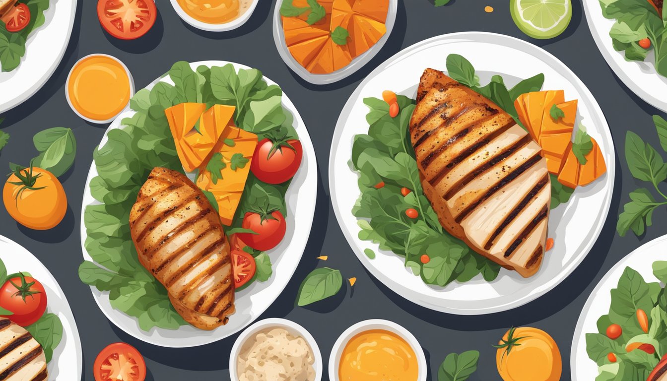 A juicy grilled chicken breast surrounded by colorful, nutrient-dense foods, such as leafy greens, tomatoes, and sweet potatoes, on a clean, white plate