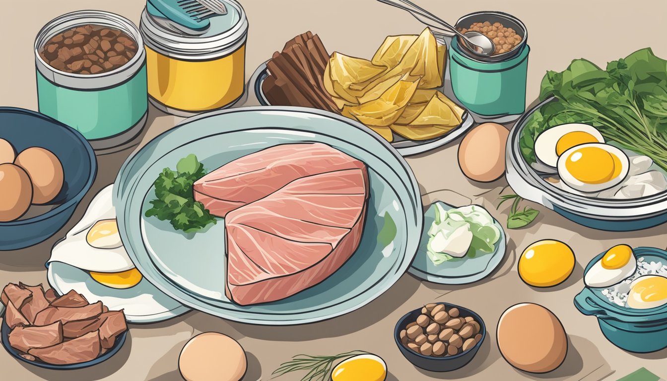 A can of tuna surrounded by budget-friendly carnivore diet foods like eggs, chicken, and beef, with a backdrop of simple kitchen utensils and a money-saving grocery receipt