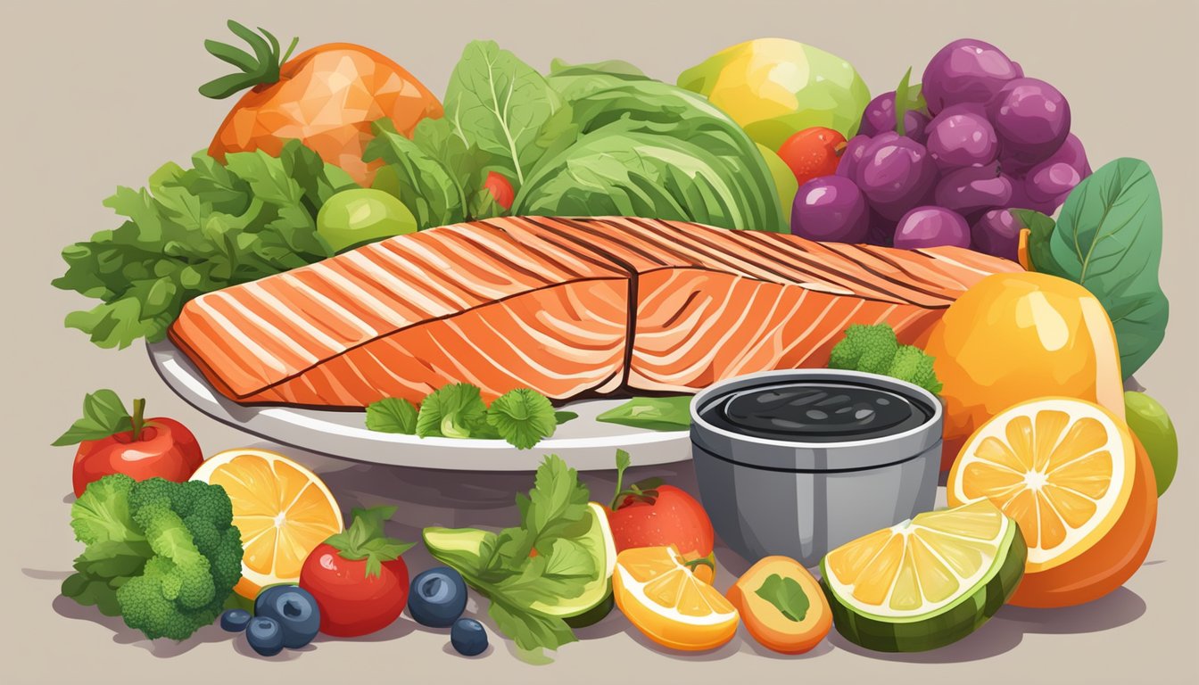 A grilled salmon fillet surrounded by colorful fruits and vegetables, with a protein shake and supplements nearby