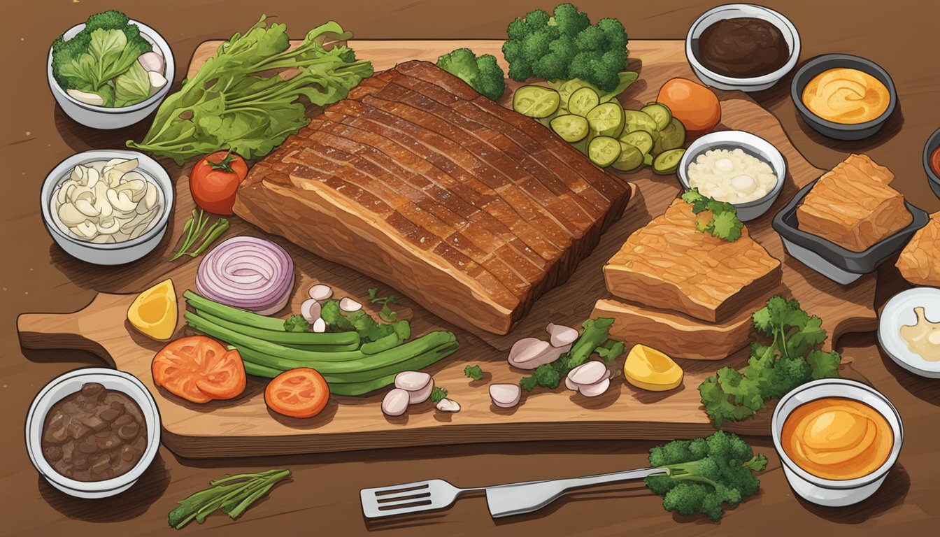 A sizzling pork belly on a cutting board surrounded by 10 carnivore-friendly foods