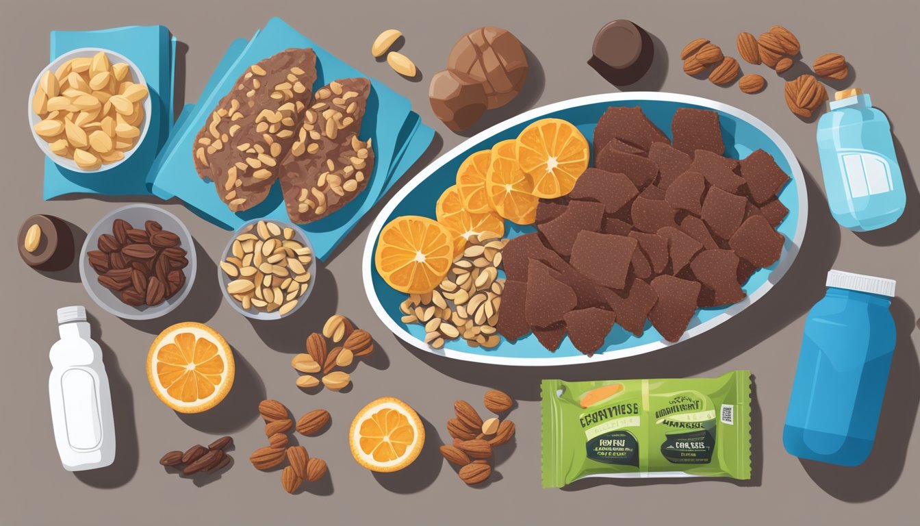 A table spread with beef jerky, nuts, and other protein-rich snacks, surrounded by workout gear and water bottles