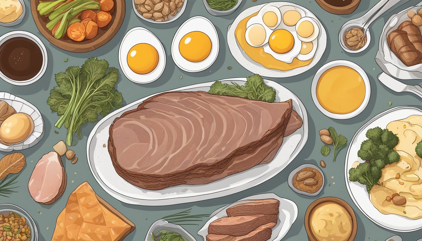 A plump duck breast surrounded by a variety of carnivore diet-friendly foods, such as eggs, organ meats, and bone broth