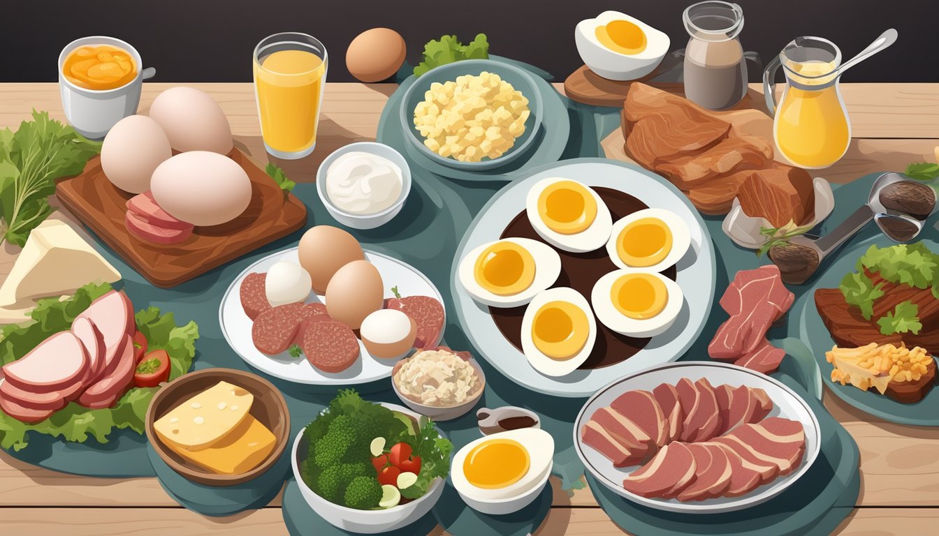 A plate of hard-boiled eggs surrounded by a variety of carnivore diet friendly foods, such as meat and cheese, arranged on a wooden table