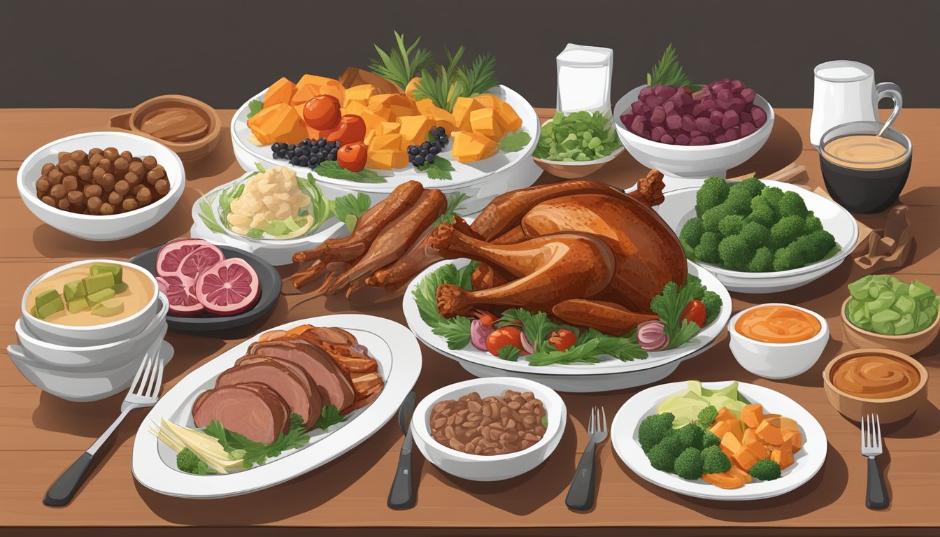 A table set with a variety of carnivore diet friendly foods, including turkey necks, arranged in an appealing and budget-friendly display