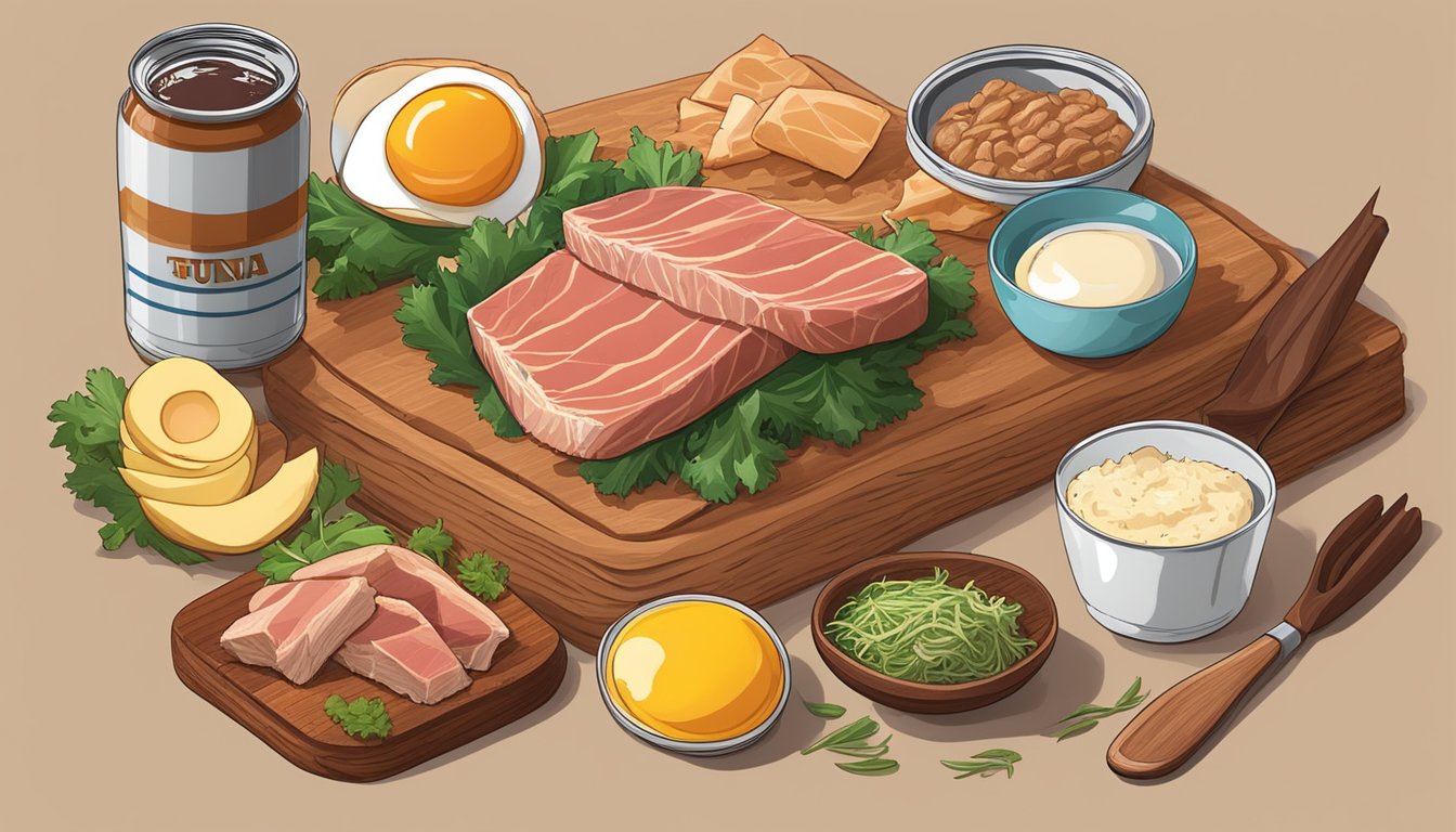 A can of tuna surrounded by 9 other carnivore diet-friendly foods, such as eggs, beef jerky, and chicken breast, on a wooden table