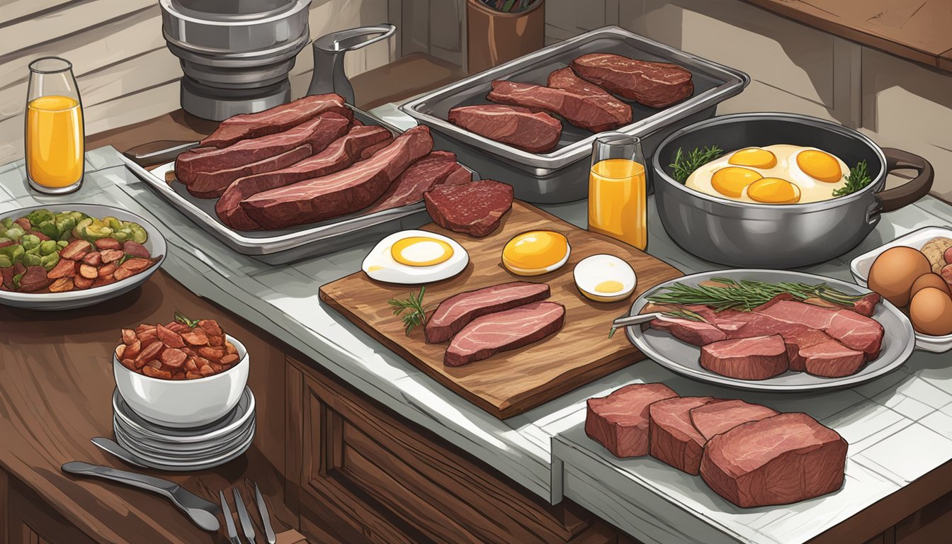 A rustic kitchen counter displays a variety of fresh venison steaks alongside other carnivore-friendly foods like eggs, bacon, and organ meats