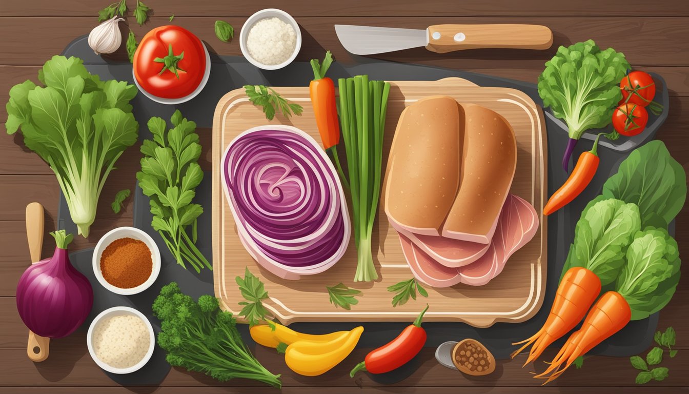 A colorful array of fresh vegetables, herbs, and ground turkey arranged on a wooden cutting board, surrounded by kitchen utensils and a budget-friendly price tag