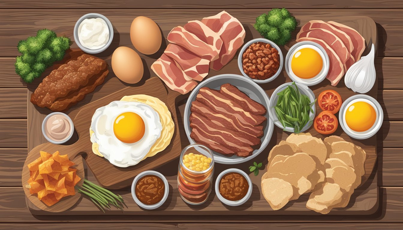 A variety of affordable carnivore-friendly foods arranged on a rustic wooden table, including eggs, ground beef, chicken thighs, bacon, and various cuts of beef