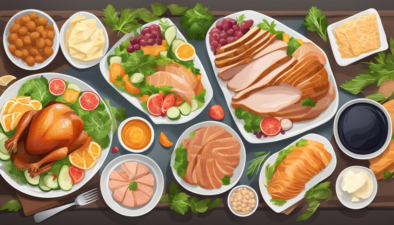 A plate with turkey breast slices surrounded by 10 different types of carnivore diet friendly foods, arranged in an appealing and appetizing manner