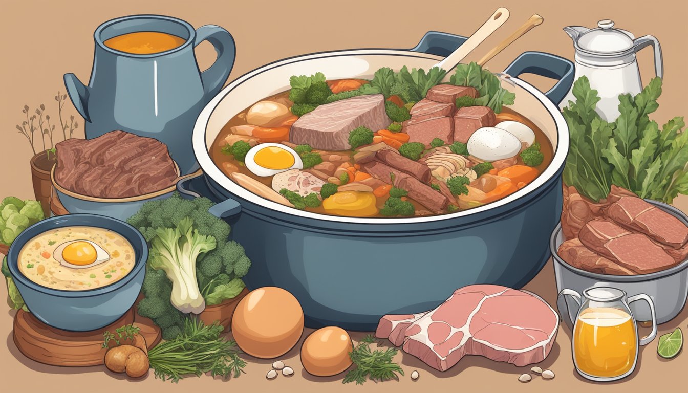 A pot of simmering bone broth surrounded by various carnivore-friendly foods like meat, eggs, and organ meats