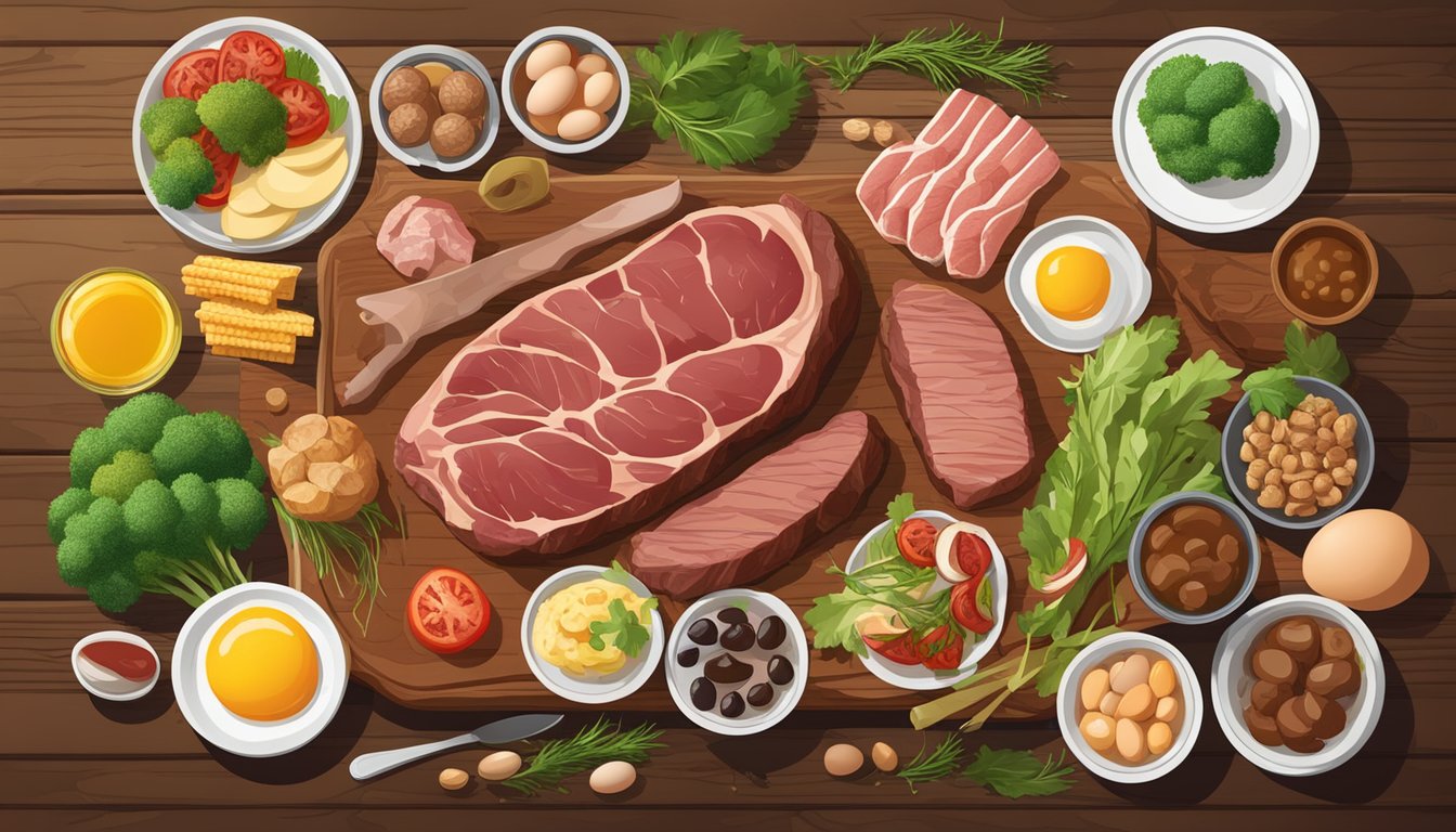 A juicy venison steak surrounded by a variety of carnivore diet-friendly foods, such as eggs, fish, and organ meats, arranged on a rustic wooden table