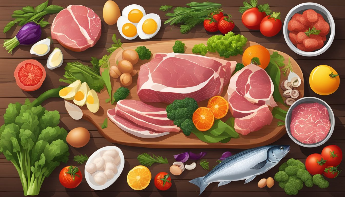 A variety of fresh meats, fish, eggs, and organ meats displayed on a wooden cutting board, surrounded by vibrant, colorful vegetables and fruits