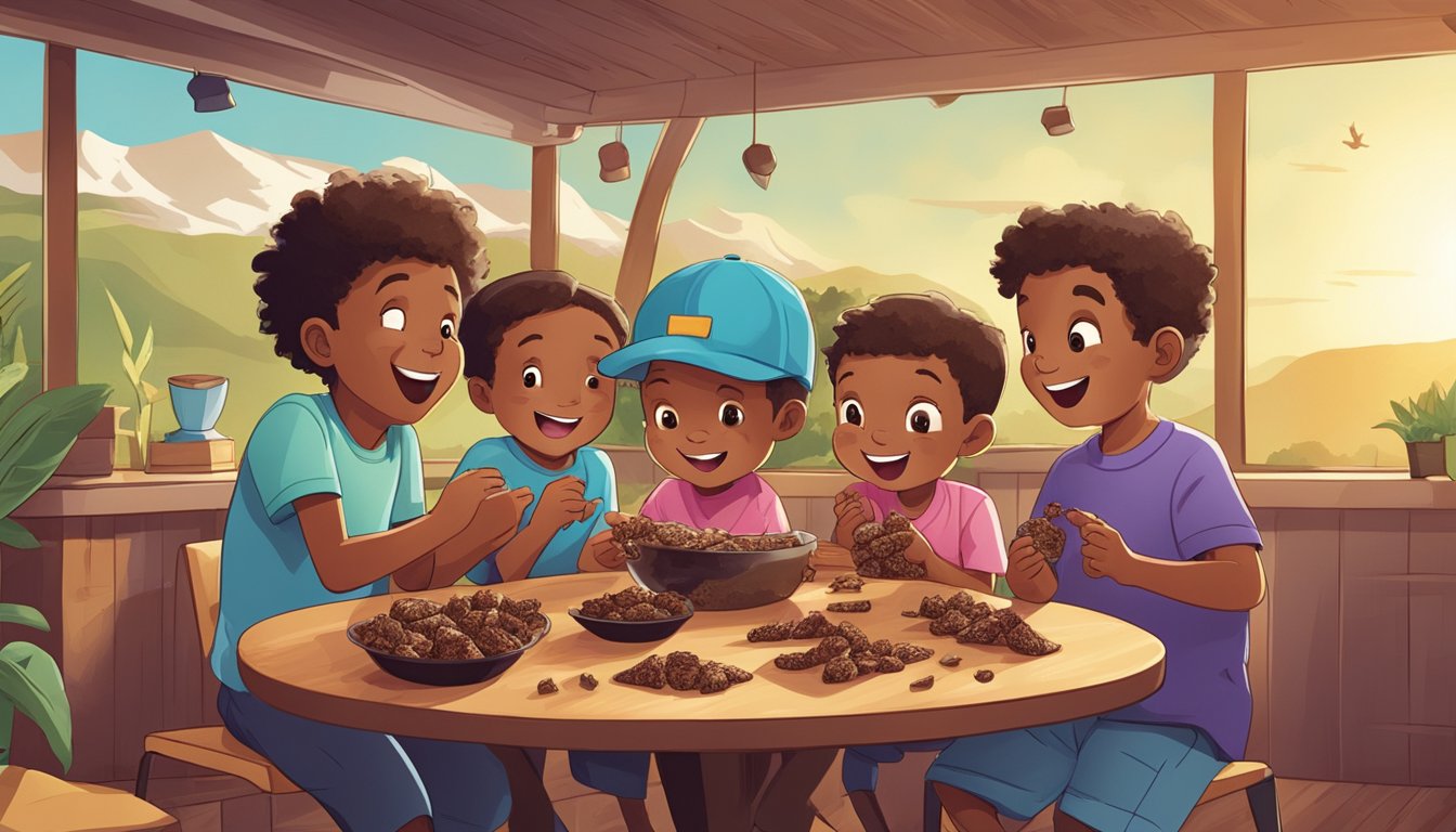 A group of kids enjoying Biltong Bits snacks in a playful and energetic setting