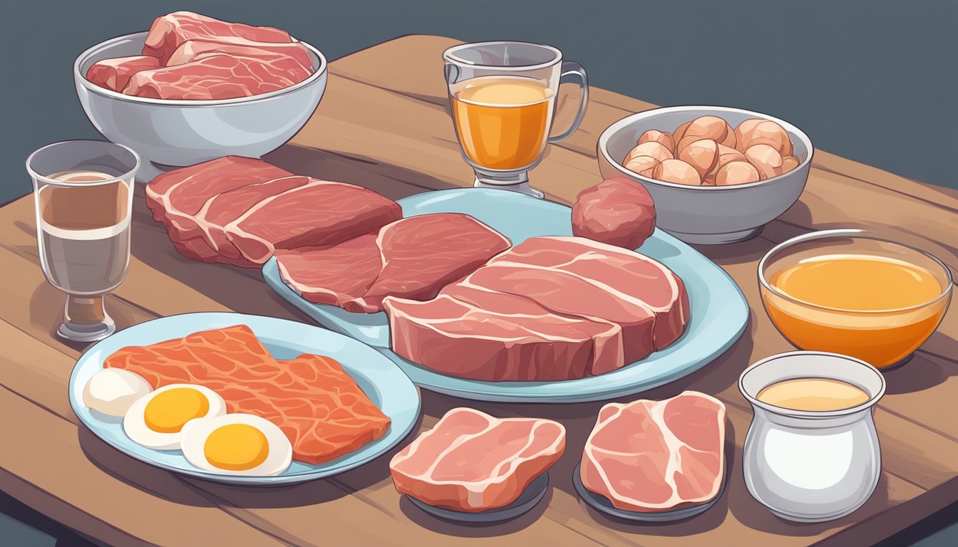 A table spread with raw meat, eggs, and organ meats. A bowl of bone broth and a plate of fatty fish. A background of gym equipment