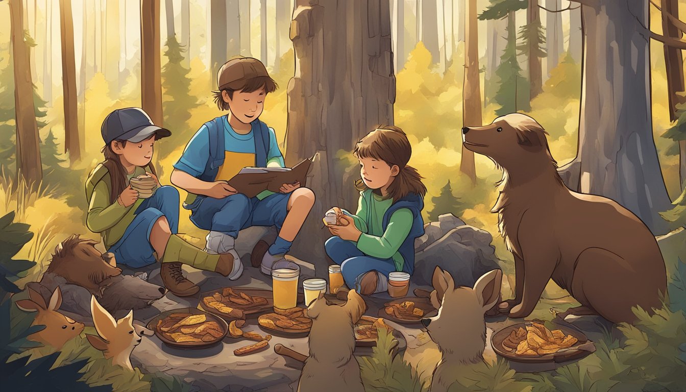 A group of kids snacking on venison jerky, surrounded by forest animals