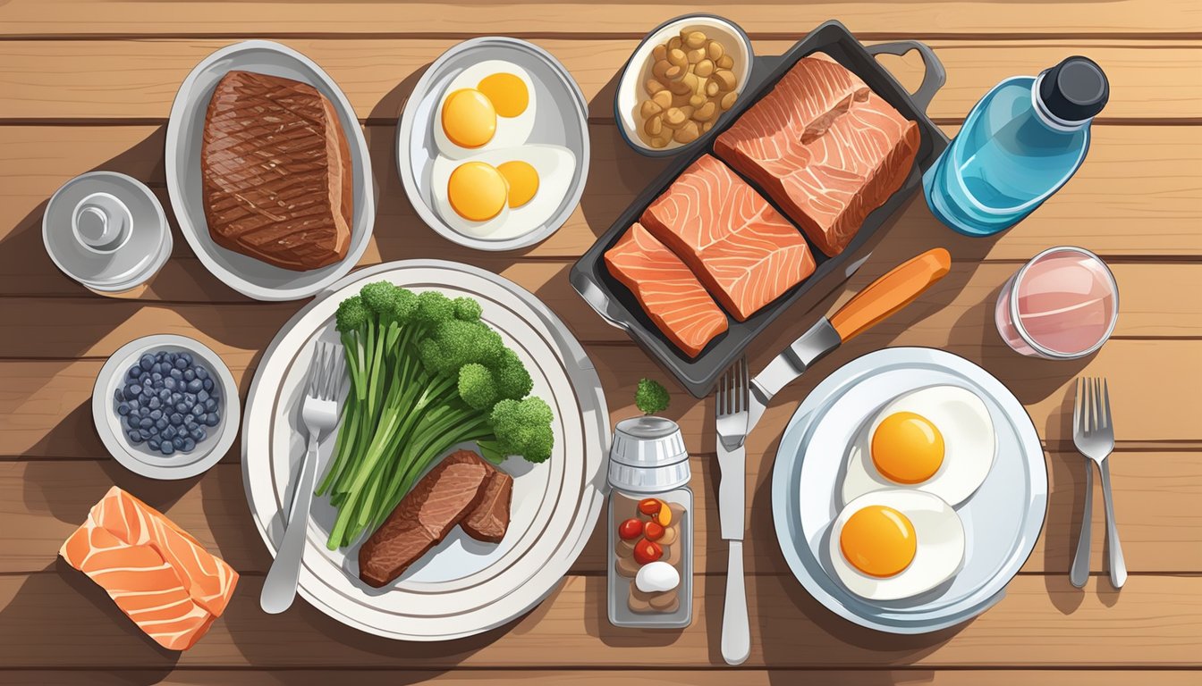 A table set with 10 different carnivore diet friendly foods, such as steak, eggs, and salmon, arranged neatly with utensils and a water bottle nearby