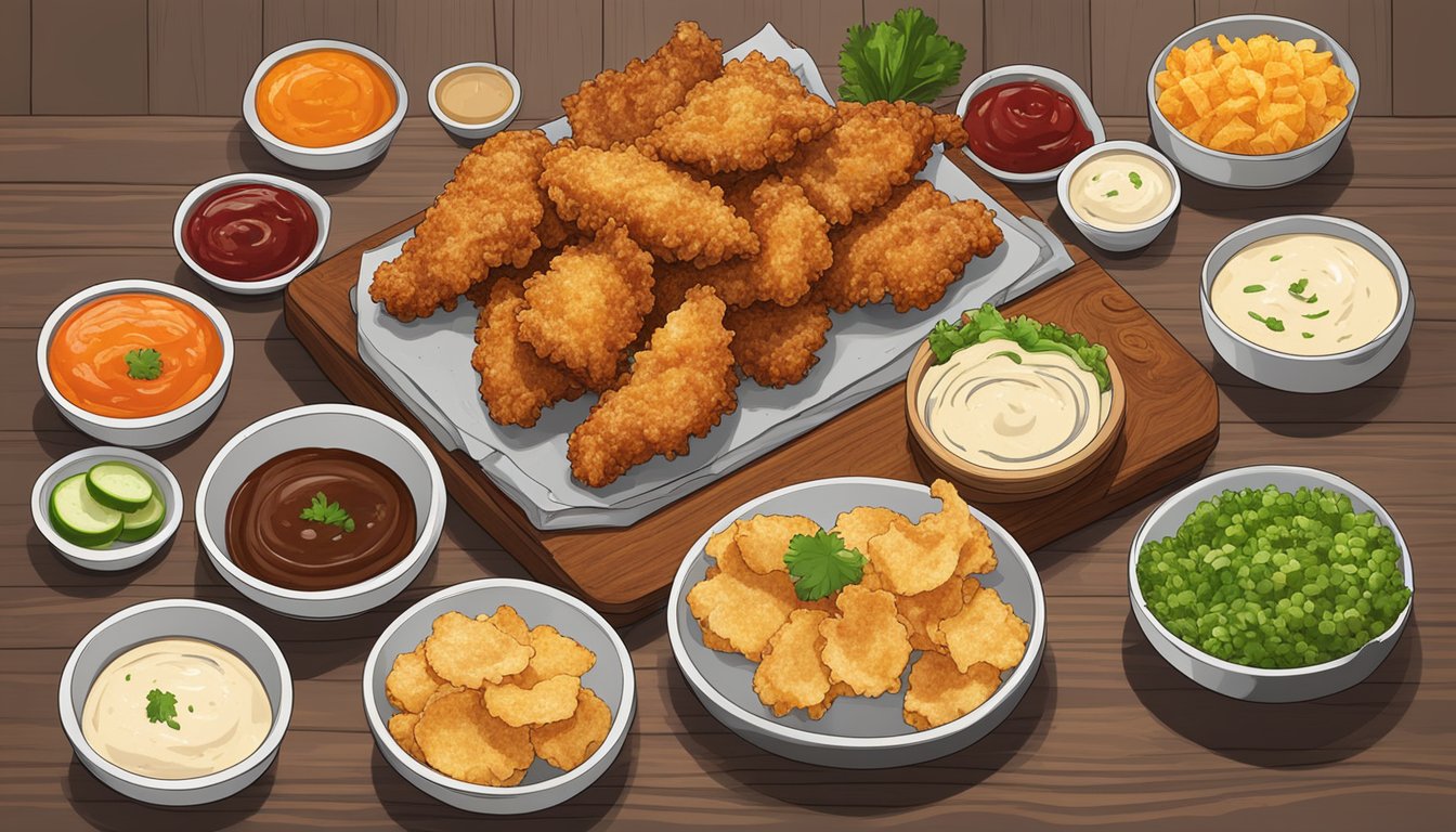 A group of crispy chicken skin cracklings arranged on a wooden cutting board, surrounded by small bowls of dipping sauces and accompanied by slices of fresh vegetables