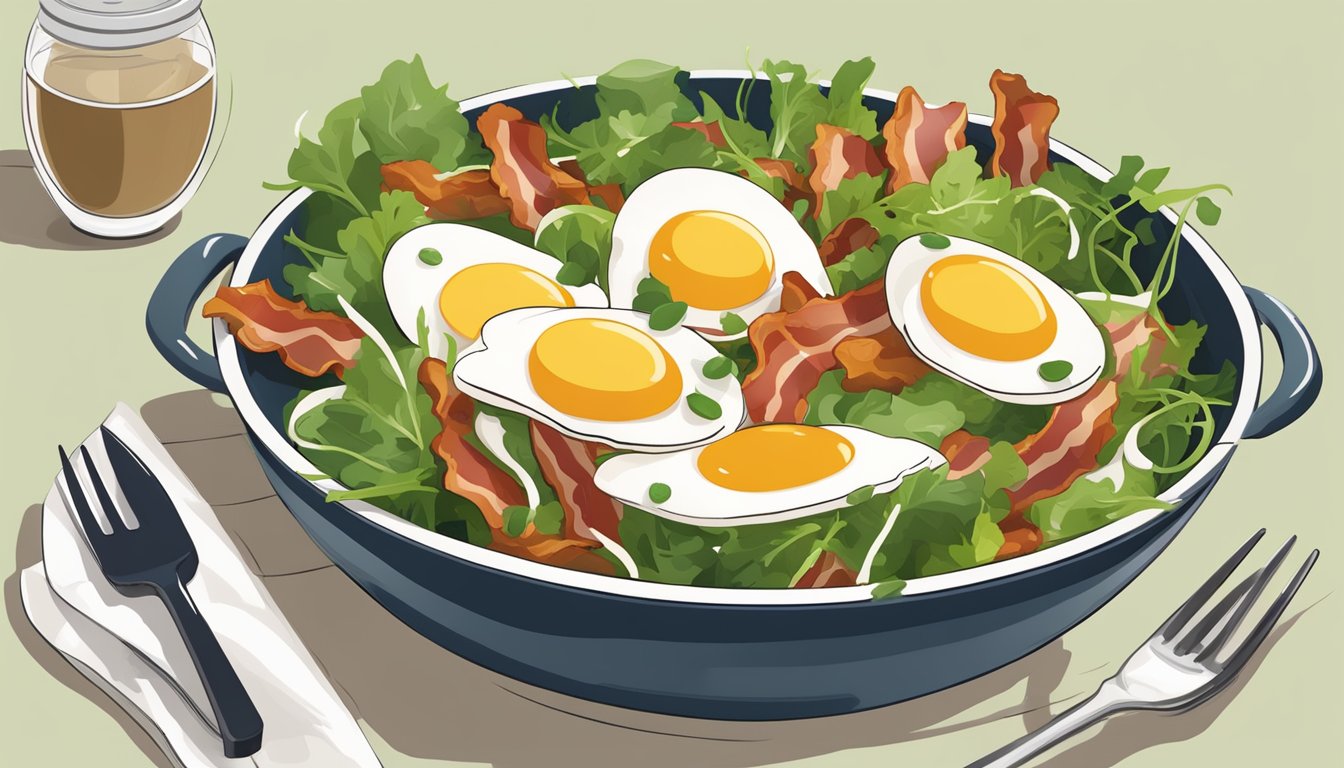 A colorful salad bowl filled with crispy bacon, sunny-side-up eggs, and fresh greens, topped with a light vinaigrette dressing