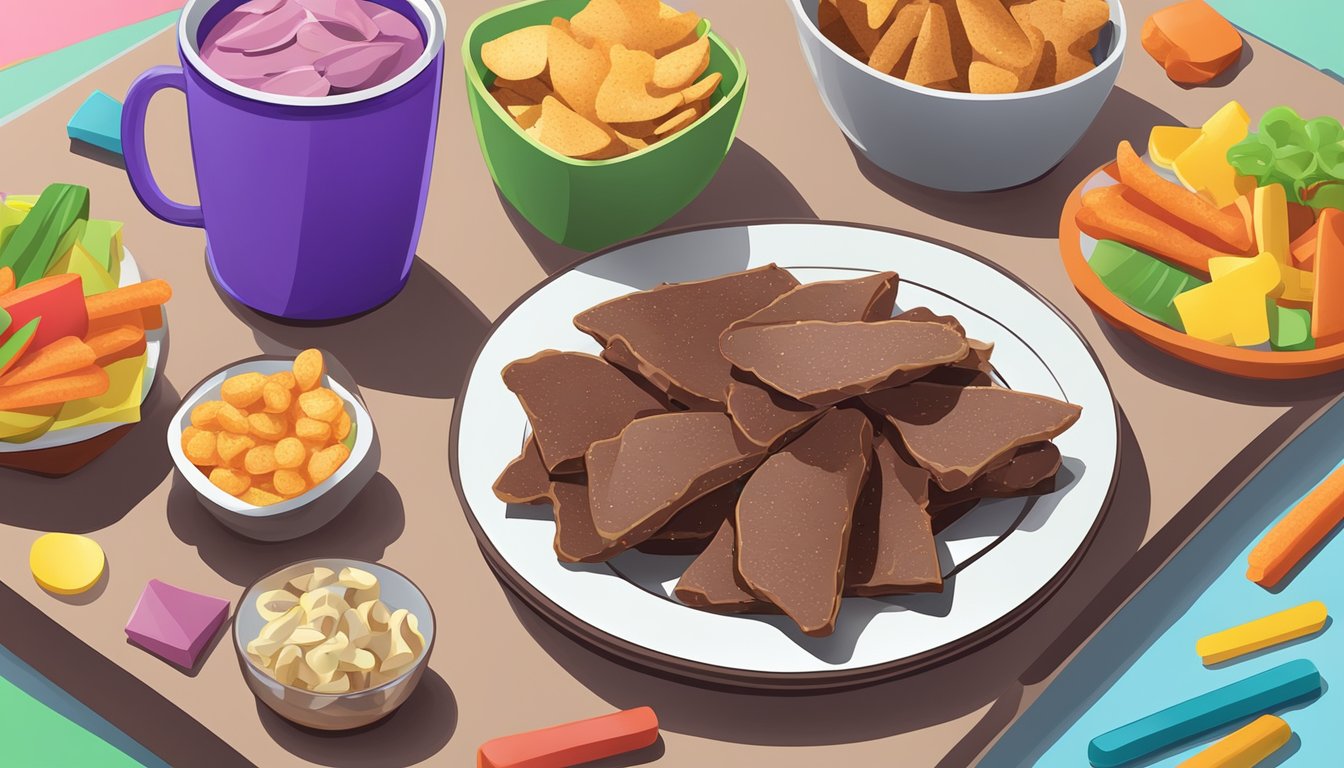 A plate of beef liver chips arranged in a playful and colorful manner, surrounded by kid-friendly snack items