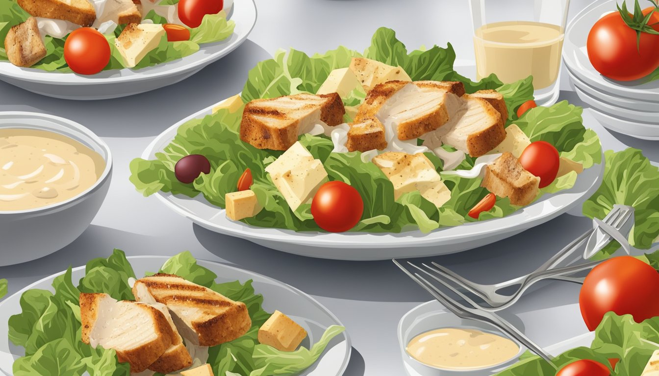 A plate of grilled chicken caesar salad surrounded by fresh lettuce, cherry tomatoes, and croutons, with a light dressing drizzled over the top