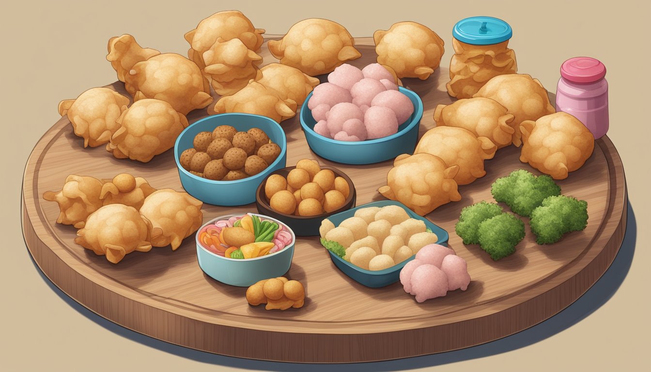 A group of pork puffs arranged on a wooden snack platter, surrounded by small animal figurines and a child's lunchbox