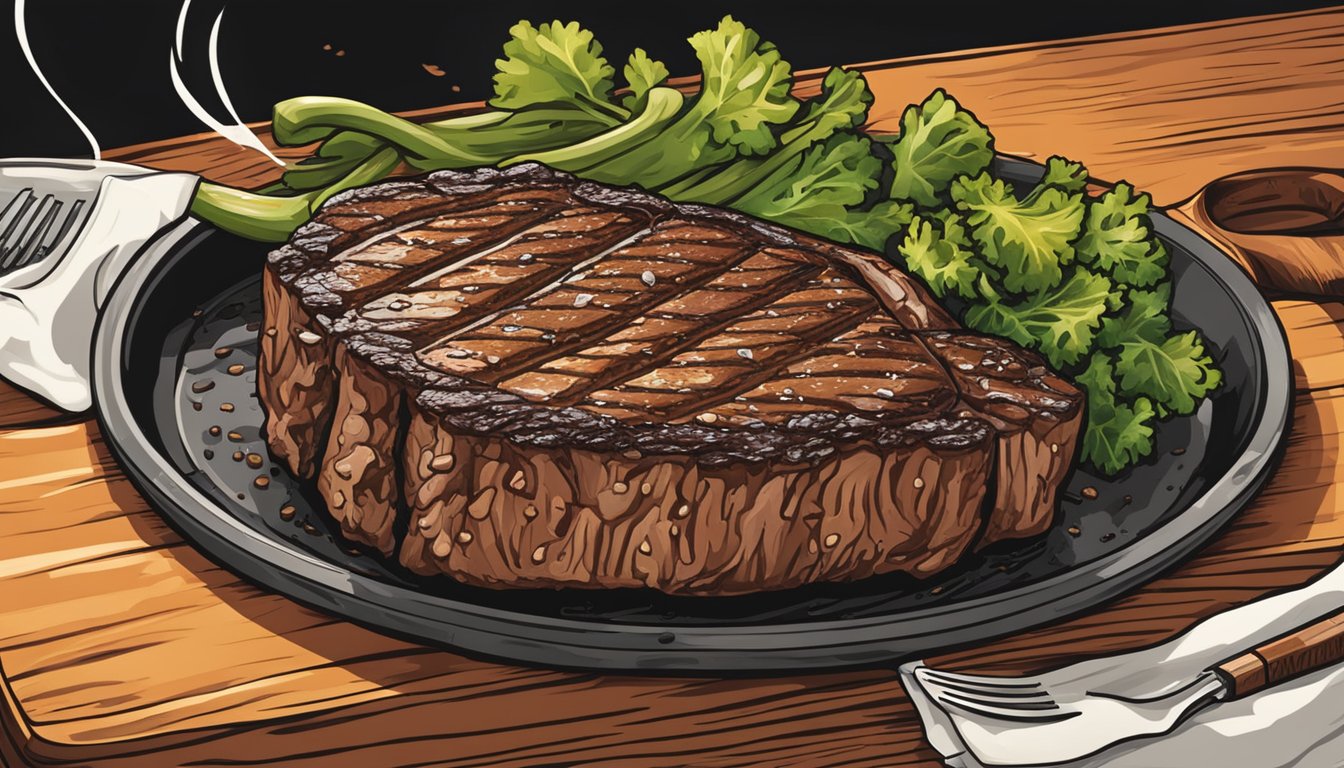 A sizzling ribeye steak sits on a hot grill, releasing mouthwatering aromas as it cooks to perfection. The grill marks add visual appeal to the juicy, meaty dish