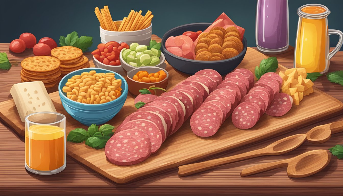 A colorful array of salami sticks arranged on a wooden cutting board with a variety of kid-friendly snacks surrounding them