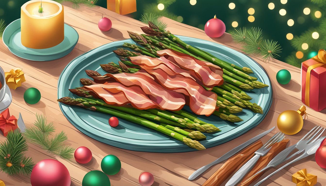 A platter of bacon-wrapped asparagus surrounded by festive holiday decor