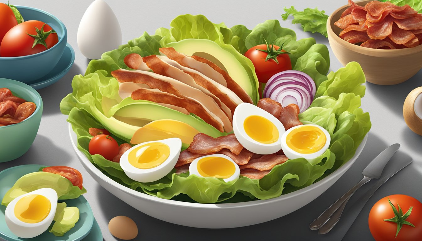 A colorful array of fresh lettuce, juicy turkey slices, crispy bacon, creamy avocado, hard-boiled eggs, and ripe tomatoes arranged in a vibrant bowl