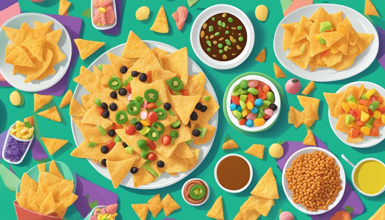 A plate of pork rind nachos surrounded by colorful, kid-friendly snacks on a table