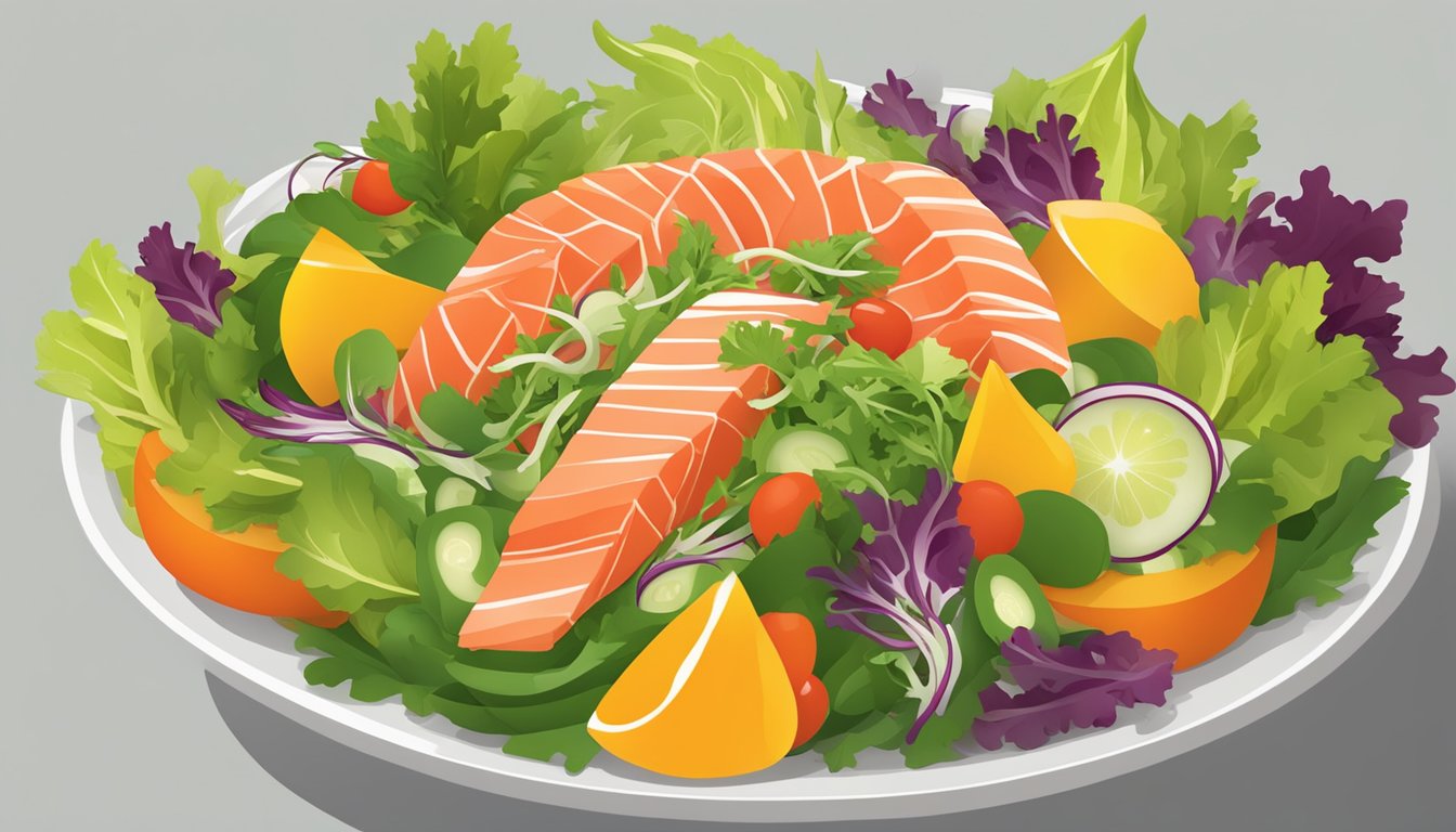 A vibrant salad bowl with smoked salmon, mixed greens, and colorful vegetables, arranged in an appealing and appetizing display