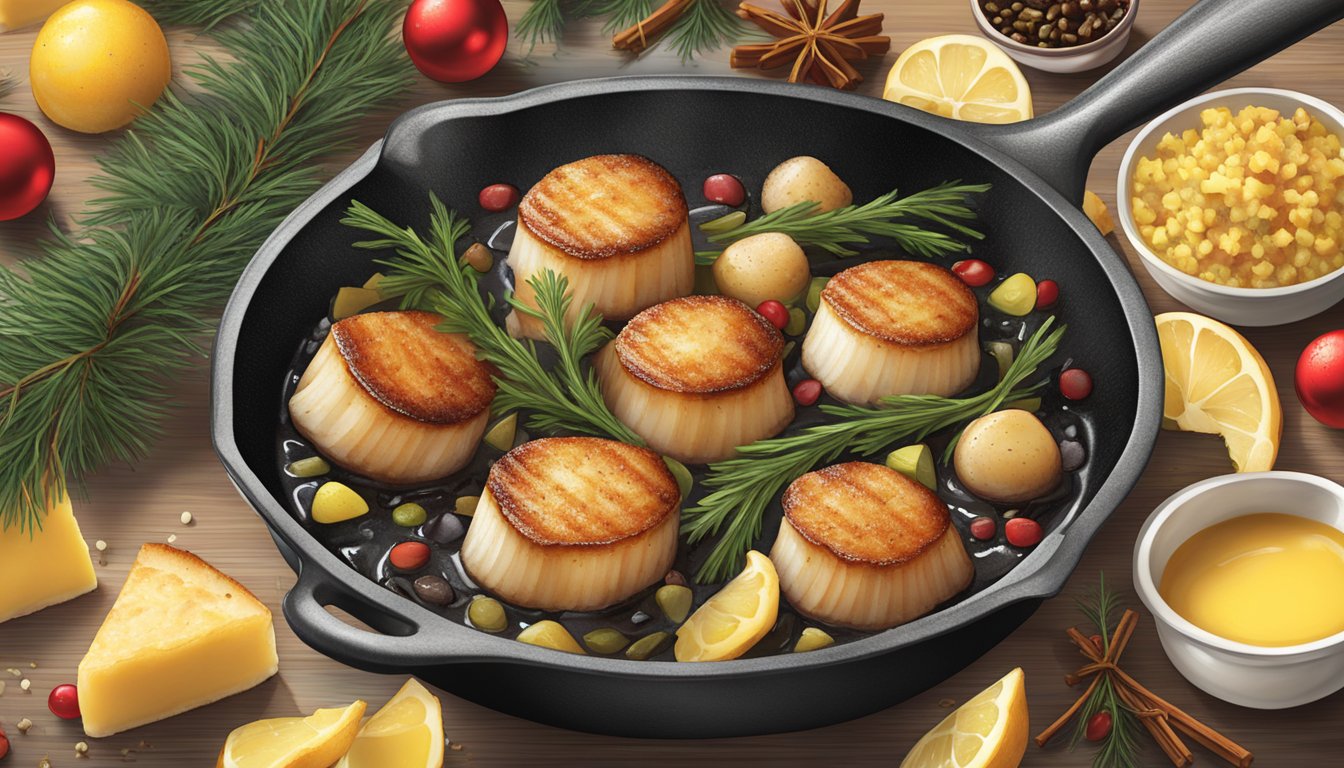 A sizzling skillet holds seared scallops, bathed in butter, surrounded by festive holiday ingredients