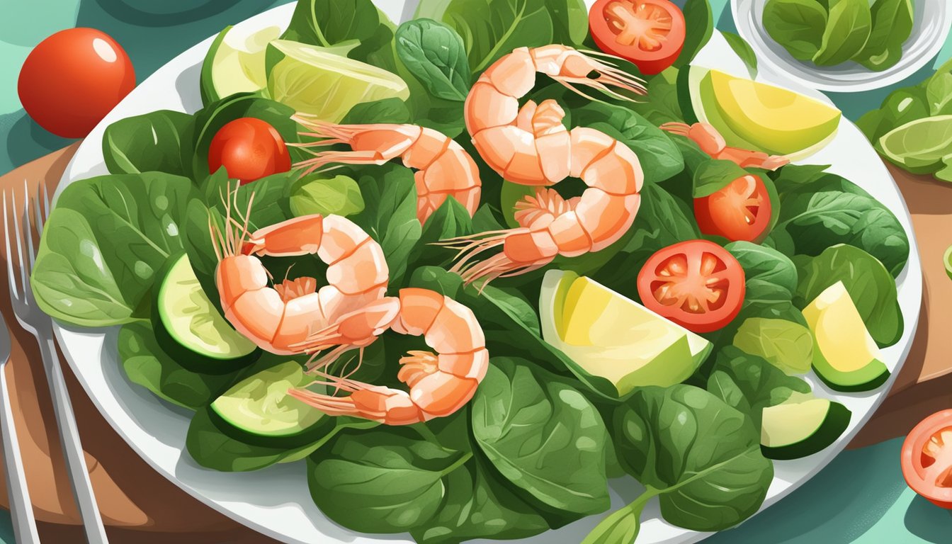 A plate of shrimp and spinach salad surrounded by fresh ingredients like tomatoes, cucumbers, and avocado