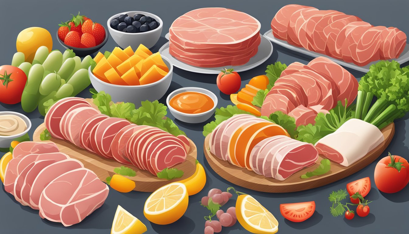 A colorful array of deli meat roll-ups arranged on a platter, surrounded by fresh vegetables and fruit slices