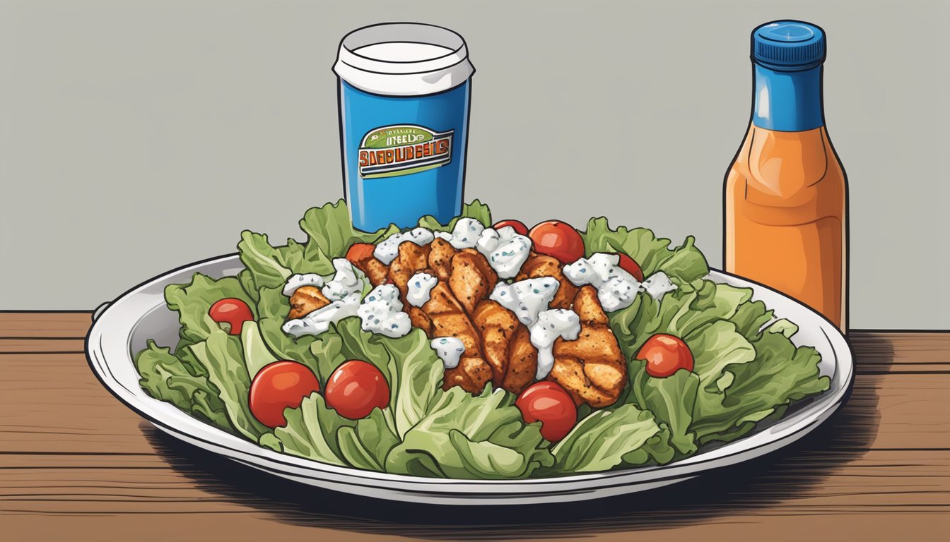 A bowl filled with fresh lettuce, diced tomatoes, grilled chicken, and spicy buffalo sauce, topped with blue cheese crumbles and served with a side of ranch dressing