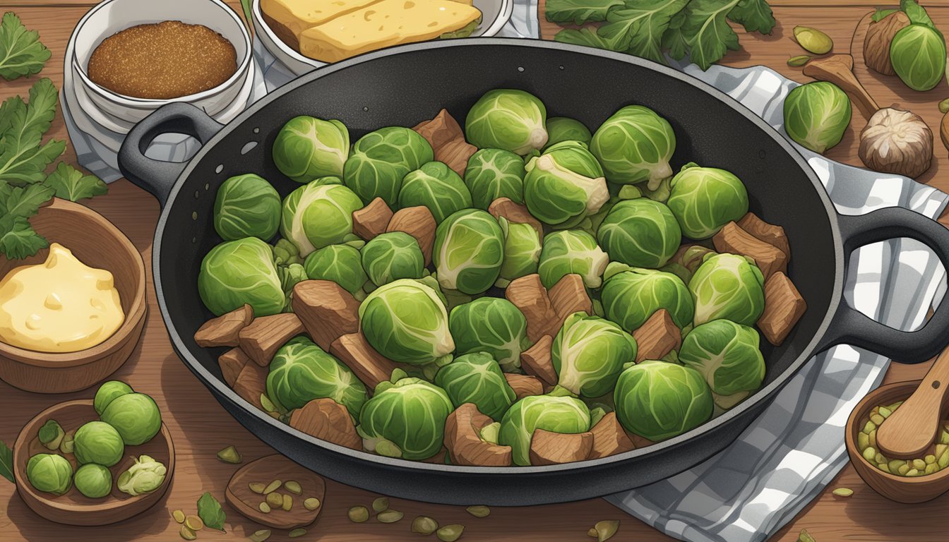 Brussels sprouts sizzling in a pan of beef tallow, surrounded by holiday-themed ingredients