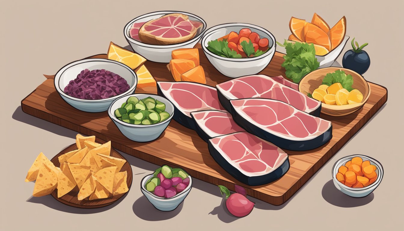 Slices of seared ahi tuna arranged on a wooden cutting board surrounded by small, colorful snack bowls