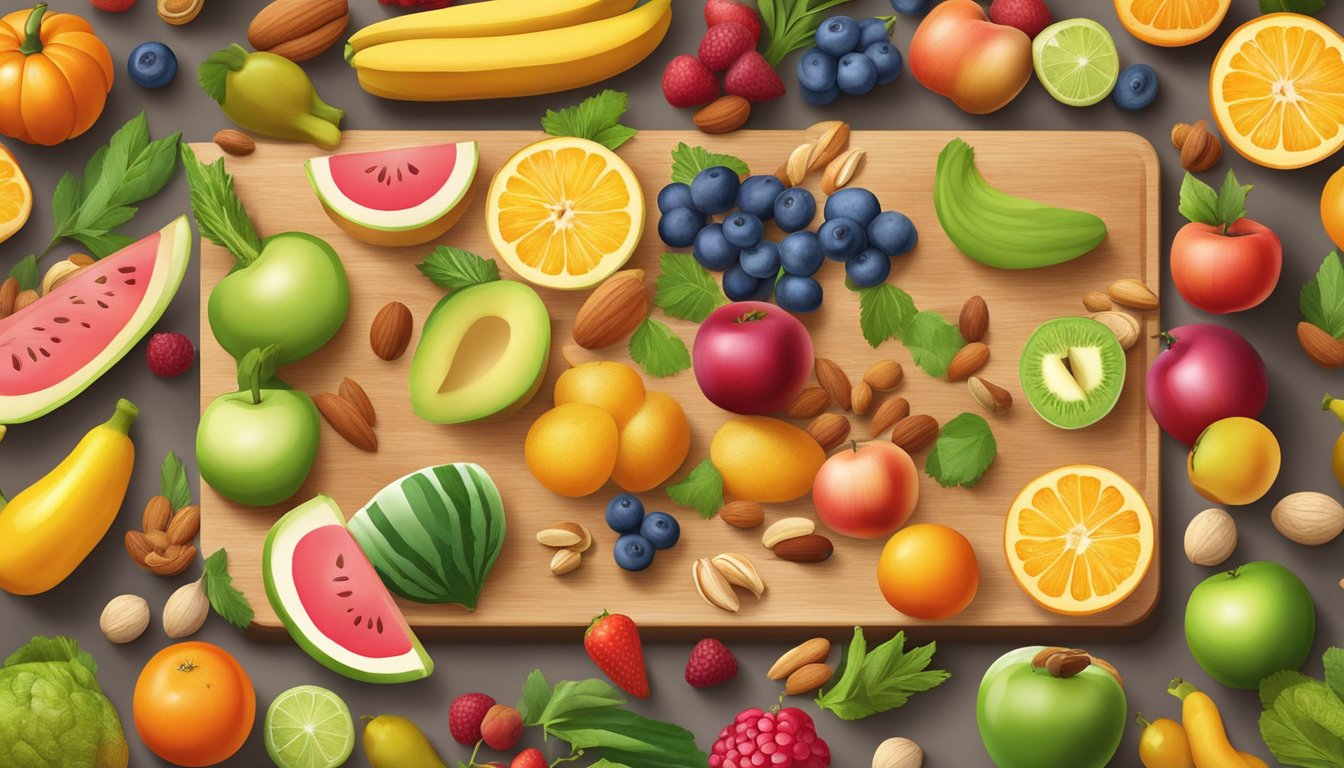 A colorful array of fruits, vegetables, and nuts arranged on a wooden cutting board, surrounded by happy, active children