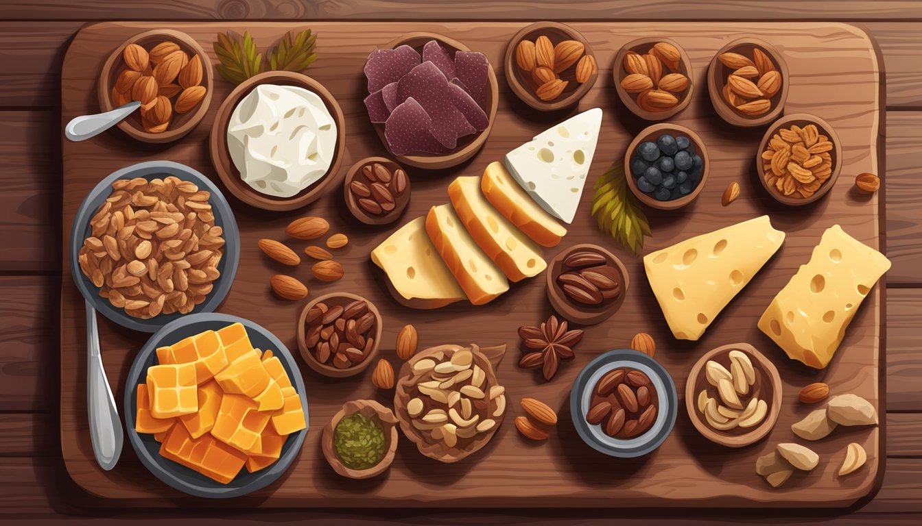 A variety of carnivore-friendly snacks displayed on a wooden cutting board, including jerky, cheese cubes, nuts, and dried fruit