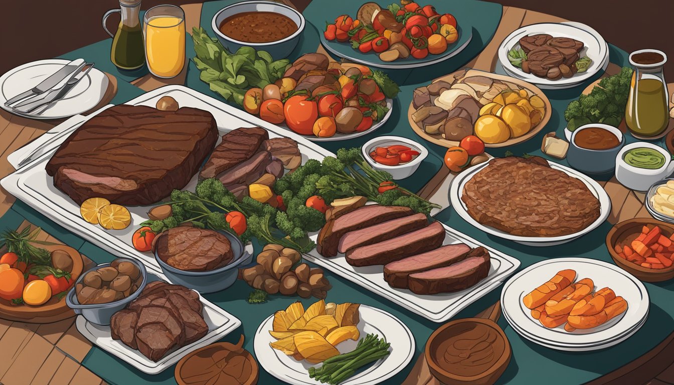 A table filled with various holiday dishes, all following the carnivore diet guidelines. Steaks, roasts, and grilled vegetables are the main focus, with a variety of seasonings and sauces on the side