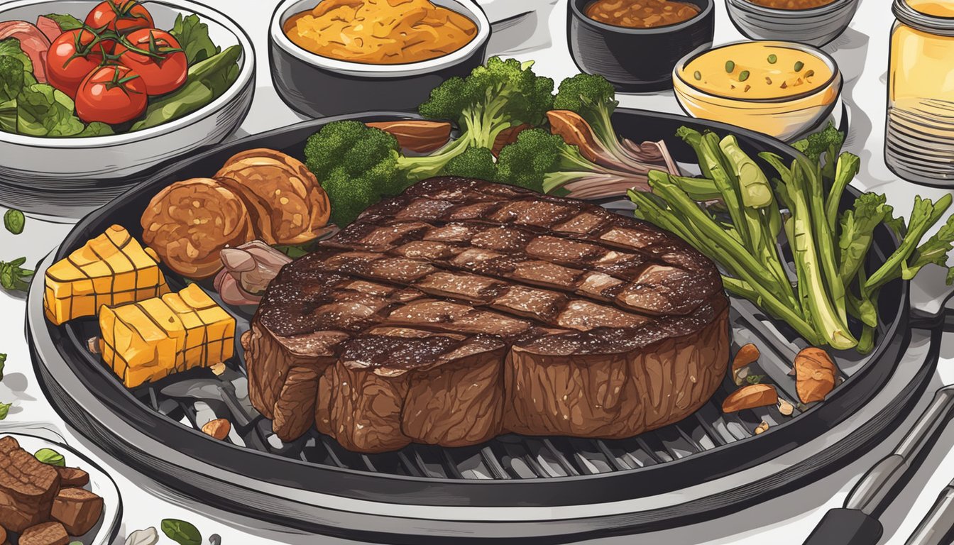 A sizzling ribeye steak on a grill, surrounded by various carnivorous meal ingredients and 10 meal plans for beginners