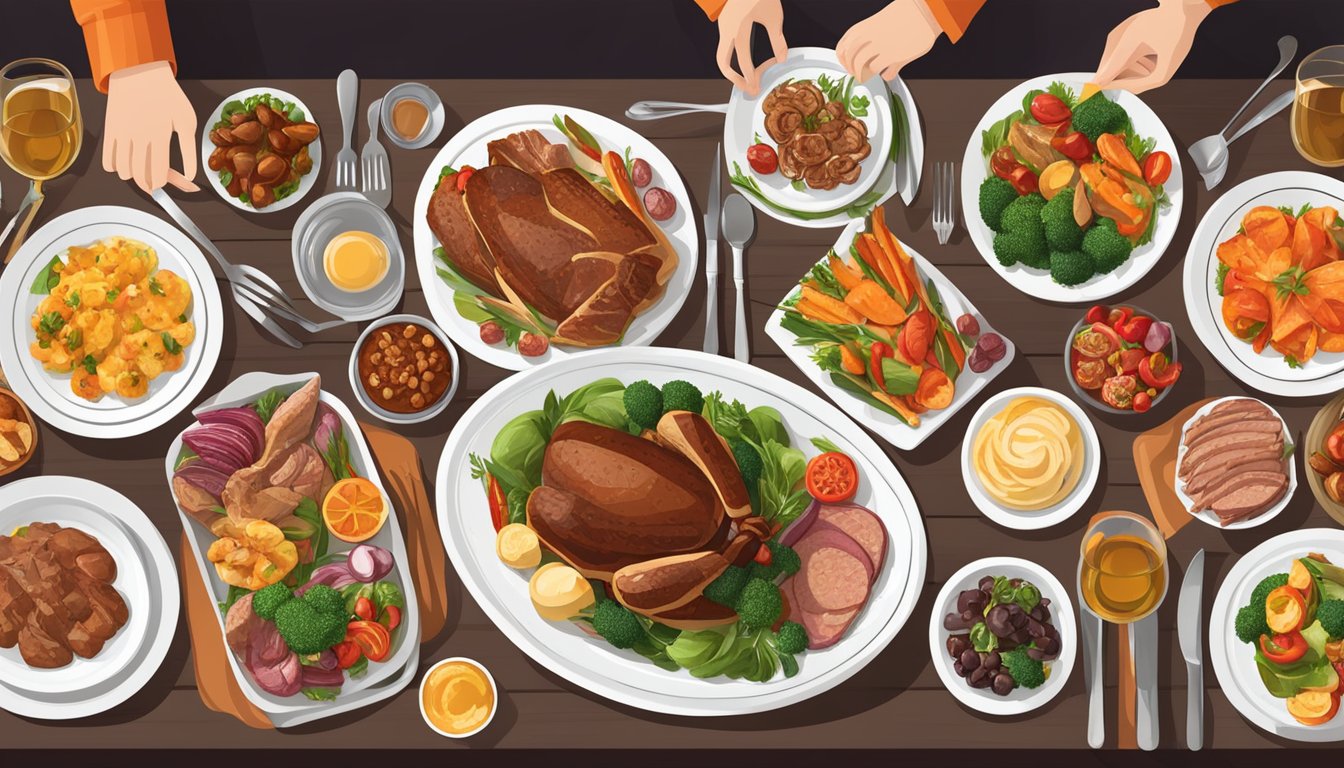 A festive table set with a variety of carnivore diet-friendly holiday dishes, including roasted meats, grilled vegetables, and savory side dishes