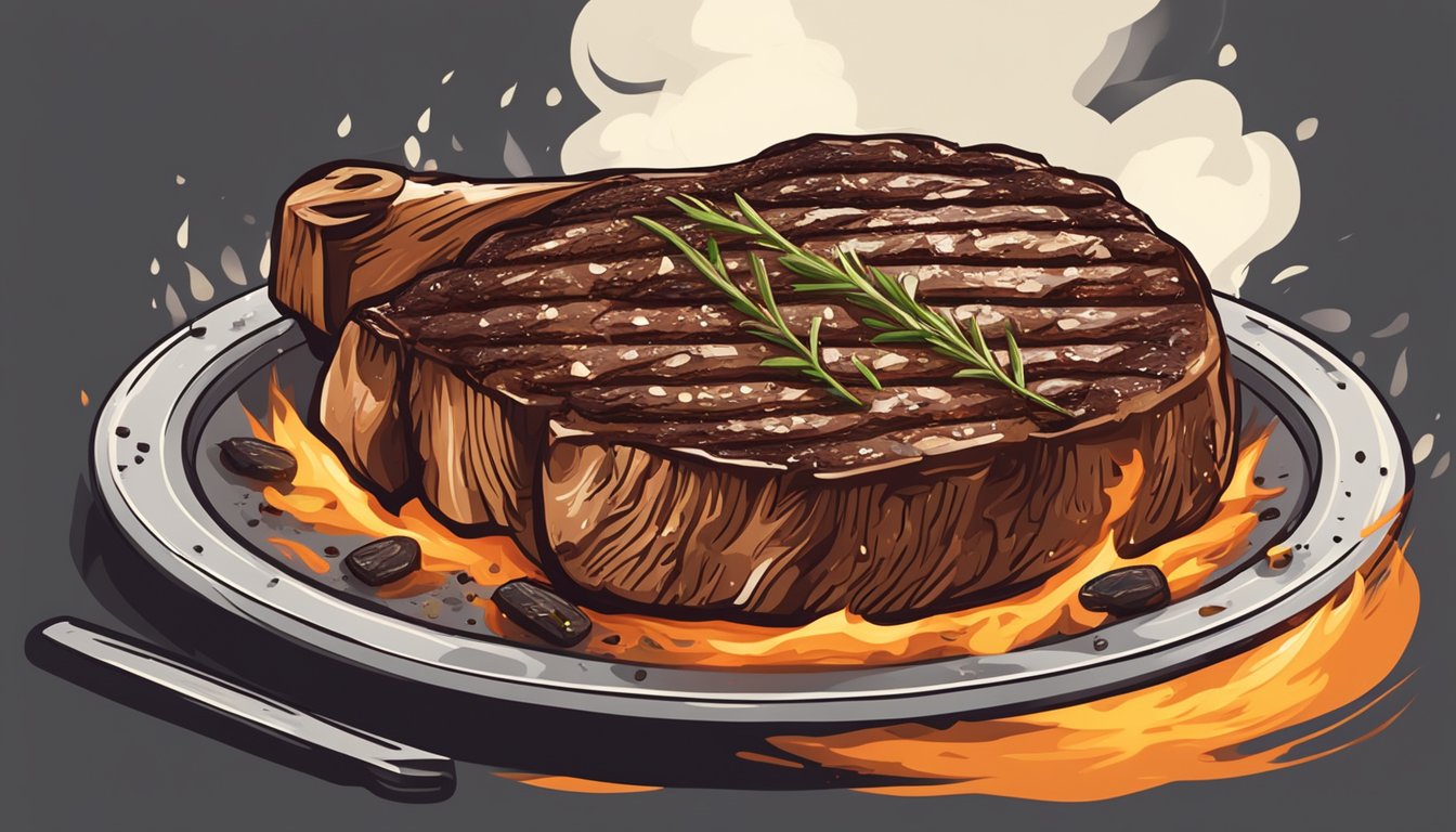 A sizzling ribeye steak grilling on a hot barbecue, surrounded by charred grill marks and emitting a mouthwatering aroma