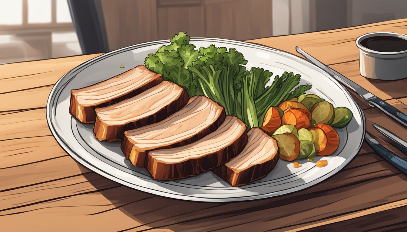 Seared pork belly slices arranged on a plate with a side of vegetables, set on a wooden desk in a modern office environment