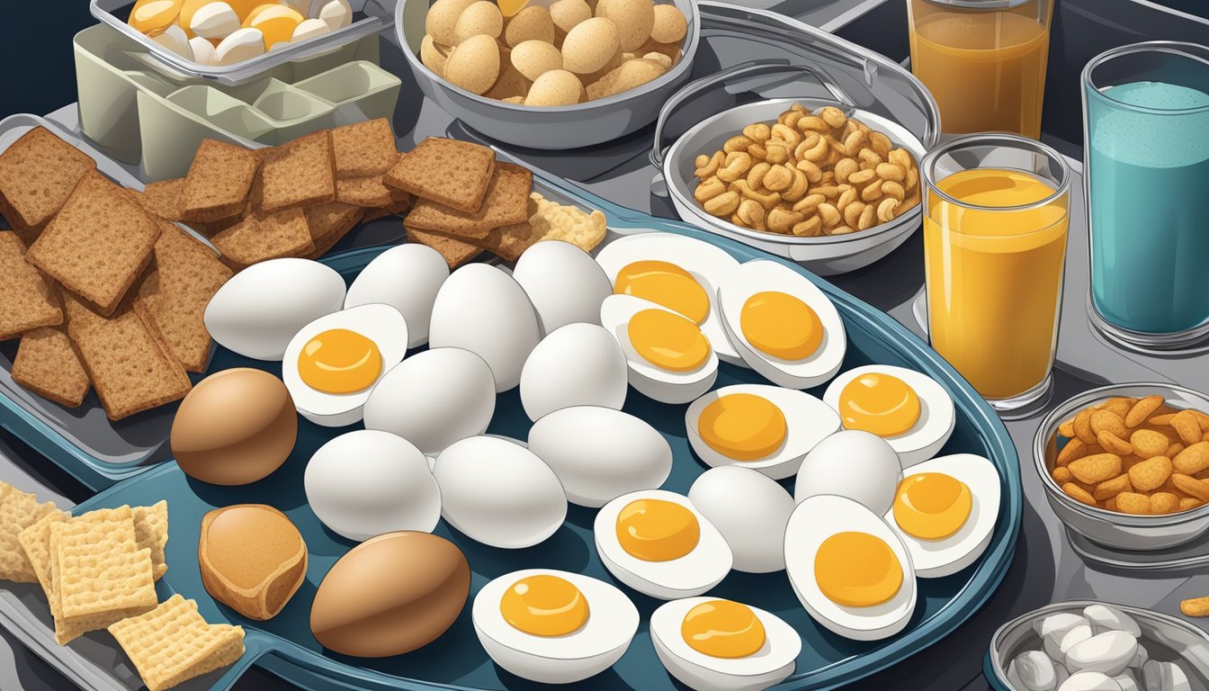 A platter of hard-boiled eggs surrounded by portable snacks, ready for a carnivore-friendly road trip